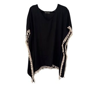 ADREAMLY Women Black Pom Pom Trim Kaftan Chiffon Beach Cover Up Boho One Size